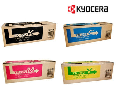 Kyocera TK-869K, TK-869C, TK-869M, TK-869Y genuine printer cartridges